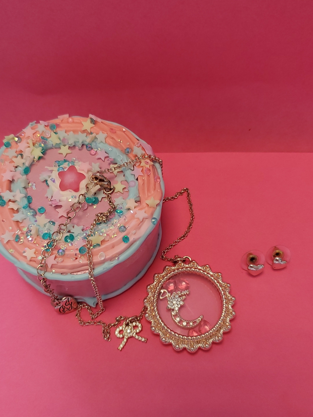 Betsey Johnson Gold Colored Crescent Pendant Necklace with Heart Earrings